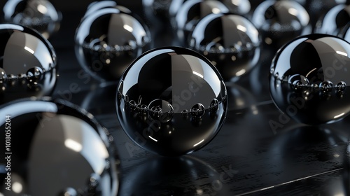 A group of shiny, black spheres on a dark surface.