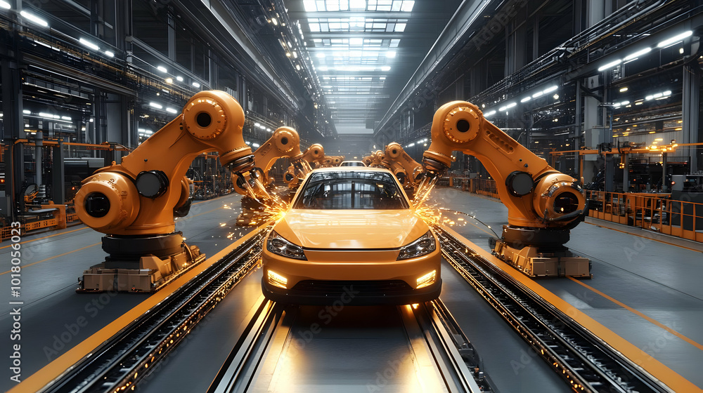 Robotic arms assembling a yellow car in a modern factory setting. Robotic arms assembling a yellow car in a modern factory setting.