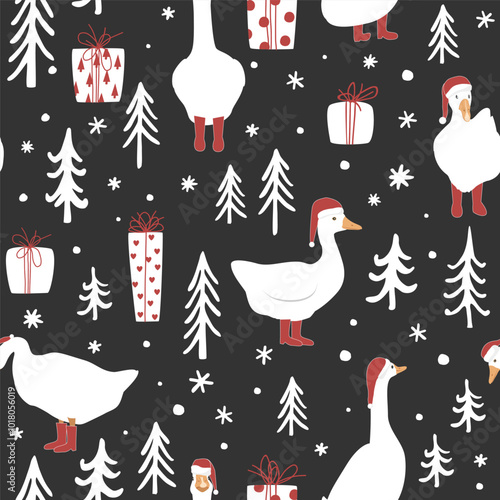 Seamless winter forest pattern with cute geese in Santa Claus hats and red boots. Merry Christmas vector background