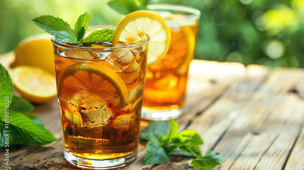 Two glasses of iced tea with lemon slices and mint leaves. Two glasses of iced tea with lemon slices and mint leaves.