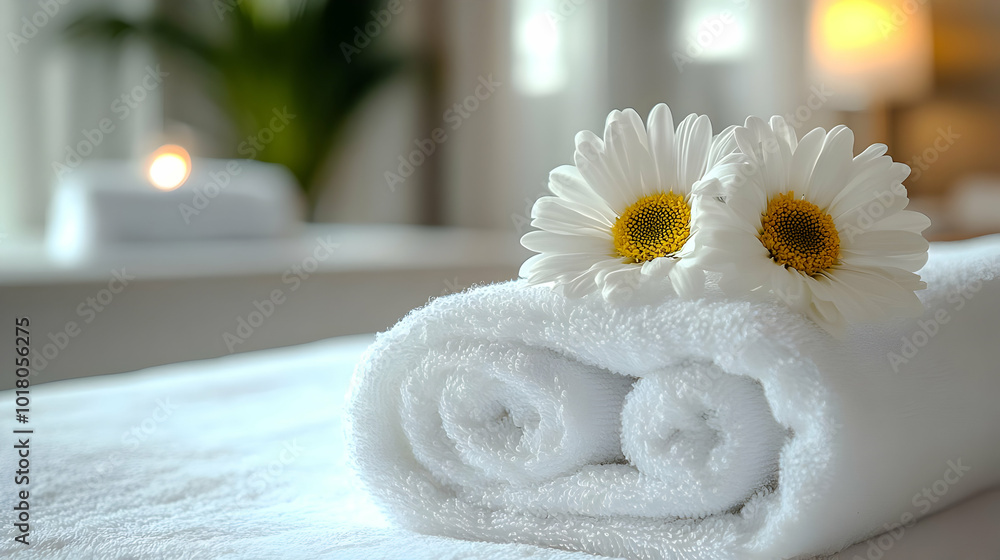 Rolled white towels adorned with daisies in a serene setting. Rolled white towels adorned with daisies in a serene setting.