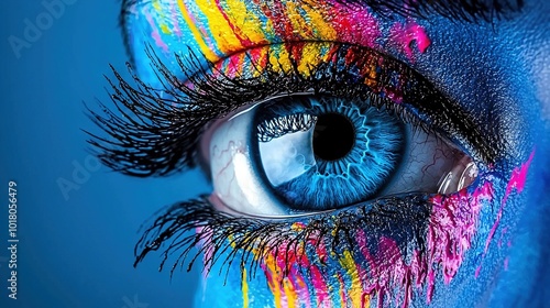  A person's blue eyes showcased in detail, with a rainbow-like pattern on their iris
