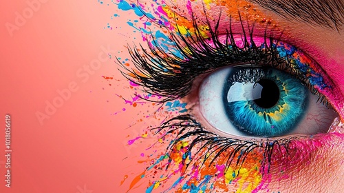   A close-up of a blue eye with vibrant paint splatters on its upper portion