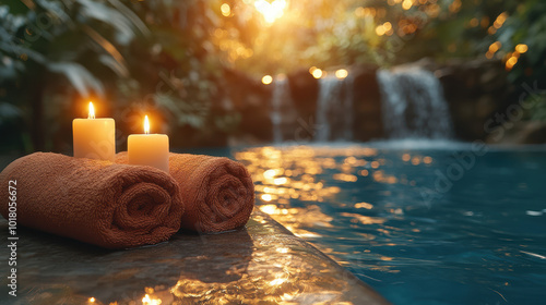 Beautiful spa background with candles, folded towels, and a waterfall in the garden at sunset. Sunlight effect.