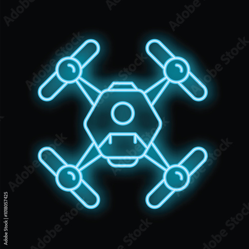 Blue neon icon of a quadcopter drone flying on a black background