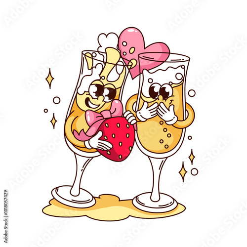 Groovy couple of sparkling wine glasses cartoon characters with love gift. Funny retro glass giving strawberry. Celebration, cheers, toast mascot, cartoon sticker of 70s 80s style vector illustration