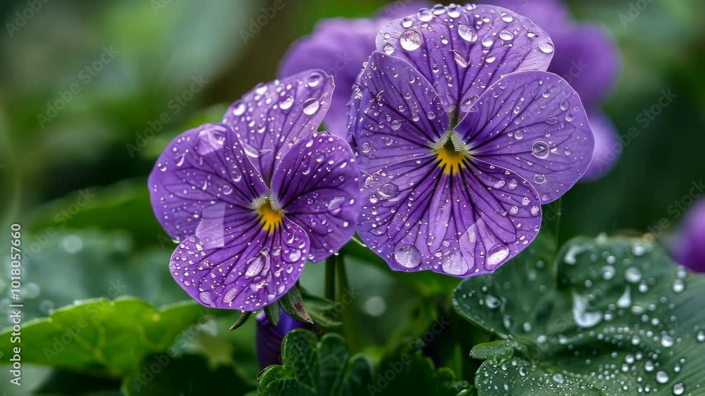 Purple pansies covered in raindrops bloom in the garden after a summer shower Purple pansies covered in raindrops bloom in the garden after a summer shower