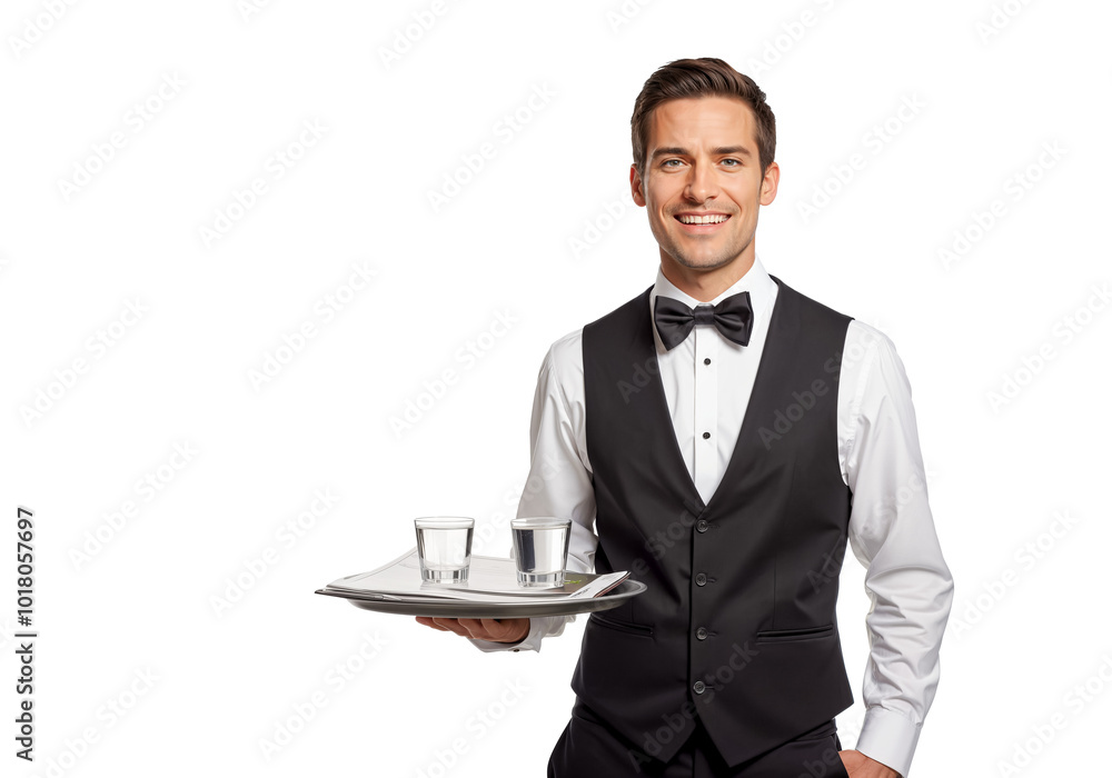 Smiling Young Male Waiter in Uniform and Bow Tie Holds a Tray with Drinks. Isolated on Transparent Background. PNG. Smiling Young Male Waiter in Uniform and Bow Tie Holds a Tray with Drinks. Isolated on Transparent Background. PNG.