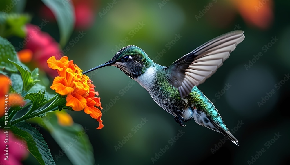 Fototapeta premium A hummingbird hovering mid-flight near a colorful flower