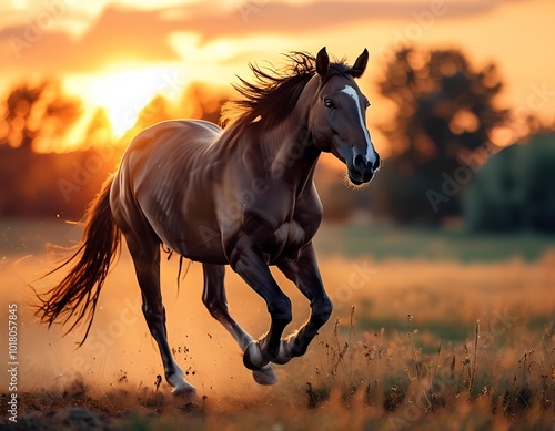 A horse galloping across a field during a beautiful sunset