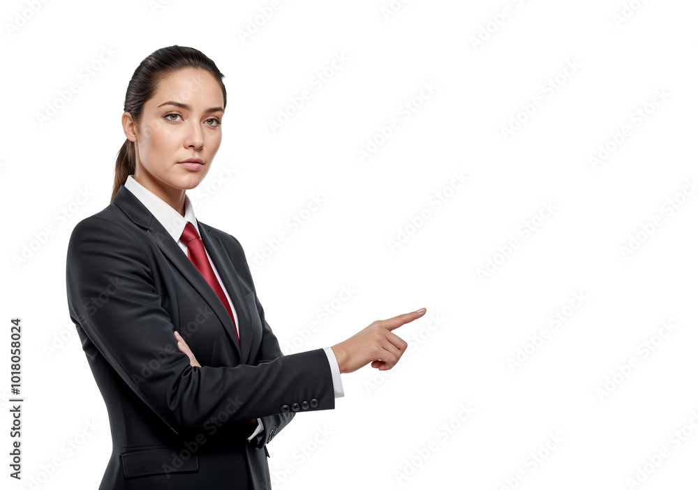 Serious Young Female Businesswoman in a Black Suit and Red Tie Points to the Side. Isolated on Transparent Background. PNG. Serious Young Female Businesswoman in a Black Suit and Red Tie Points to the Side. Isolated on Transparent Background. PNG.
