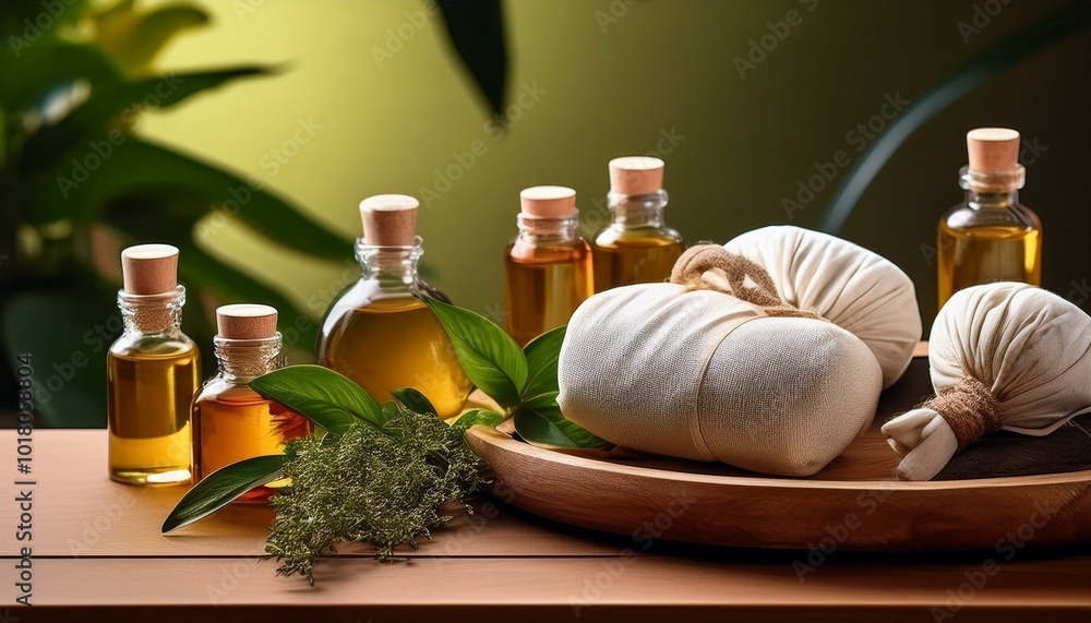 Herbal poultices and natural oils on a wooden tray, traditional healing reflexology massage Herbal poultices and natural oils on a wooden tray, traditional healing reflexology massage