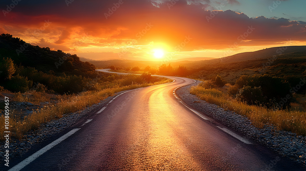 Scenic winding road at sunset with vibrant colors and lush surroundings. Scenic winding road at sunset with vibrant colors and lush surroundings.