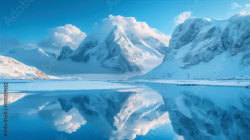 Icy arctic wilderness with majestic mountains and serene reflective waters at dawn