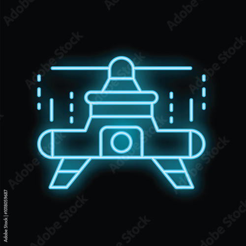Bright blue neon icon of an agricultural drone spraying insecticide over a field on a black background