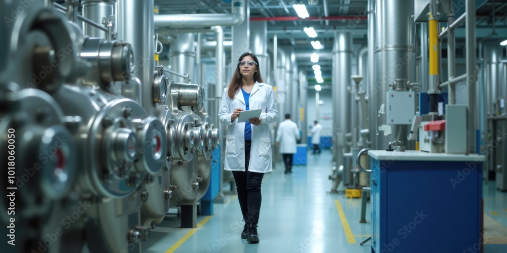 Fototapeta premium Indian Female Engineer Conducting Technical Inspections with Tablet at a Modern Production Facility