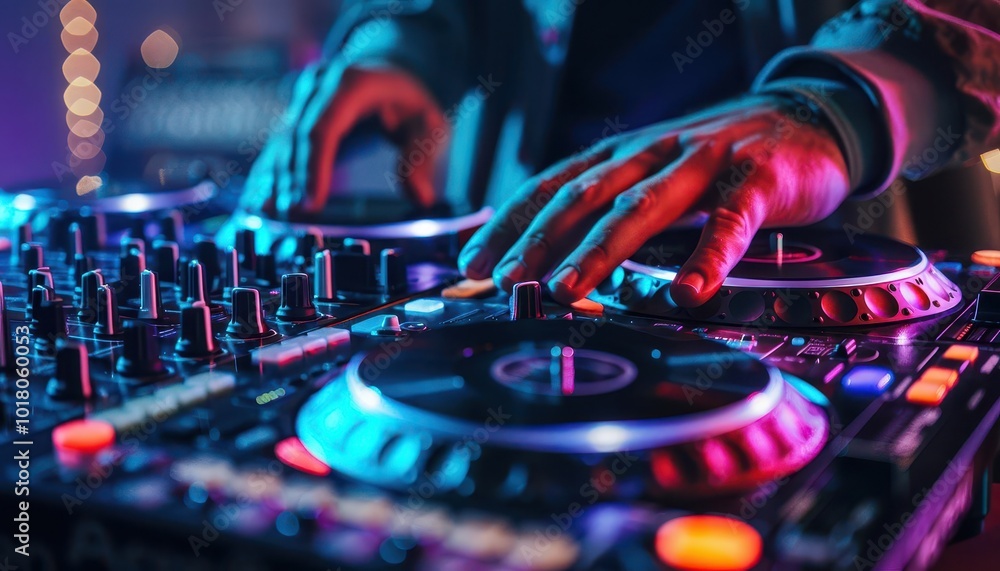 Naklejka premium DJ mixing music on turntables, vibrant colors, photography, dynamic, modern