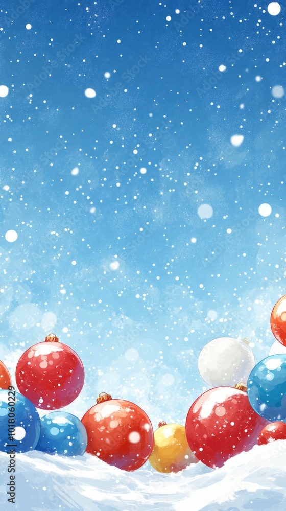 Background for a Christmas or New Year card with Christmas tree toys on snow Background for a Christmas or New Year card with Christmas tree toys on snow
