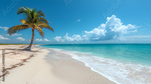 Serene beach scene with palm tree and clear turquoise water.