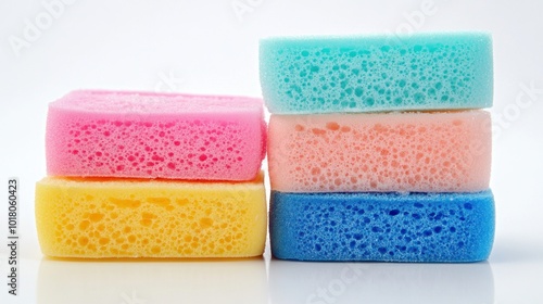 Sponge object with unique colorful foam on white background textured sponge for cleaning and washing dishes with unique minimalist shape