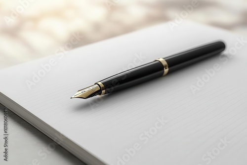 Elegant fountain pen resting on a blank notebook page, perfect for writing notes or ideas in a stylish and creative way.