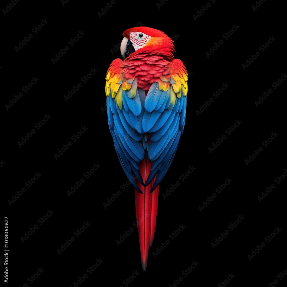 Colorful Macaw Pair: Back View of Red, Blue, and Yellow Birds in Isolated Background Colorful Macaw Pair: Back View of Red, Blue, and Yellow Birds in Isolated Background