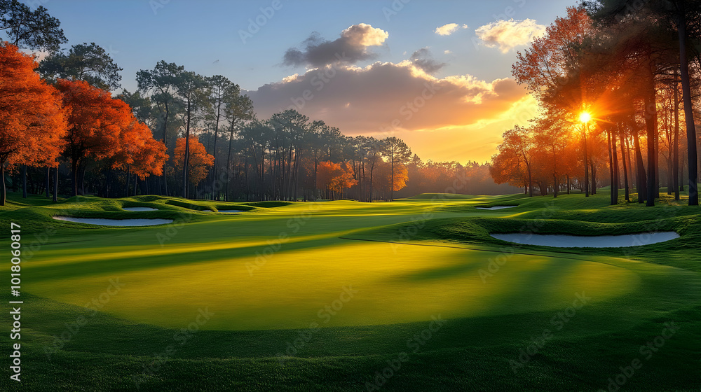 Serene golf course at sunset surrounded by trees and water hazards. Serene golf course at sunset surrounded by trees and water hazards.