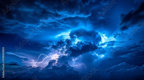 A powerful thunderstorm rages against a deep blue sky. Lightning strikes with bright flashes, and electric energy crackles.