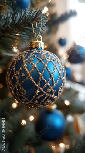 Blue christmas ornament hanging from a snowy christmas tree