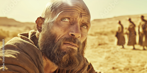 Cinematic, bald and bearded Saul of Tarsus, around 50 years old, kneeling on the dusty road to Damascus, blinded by a bright