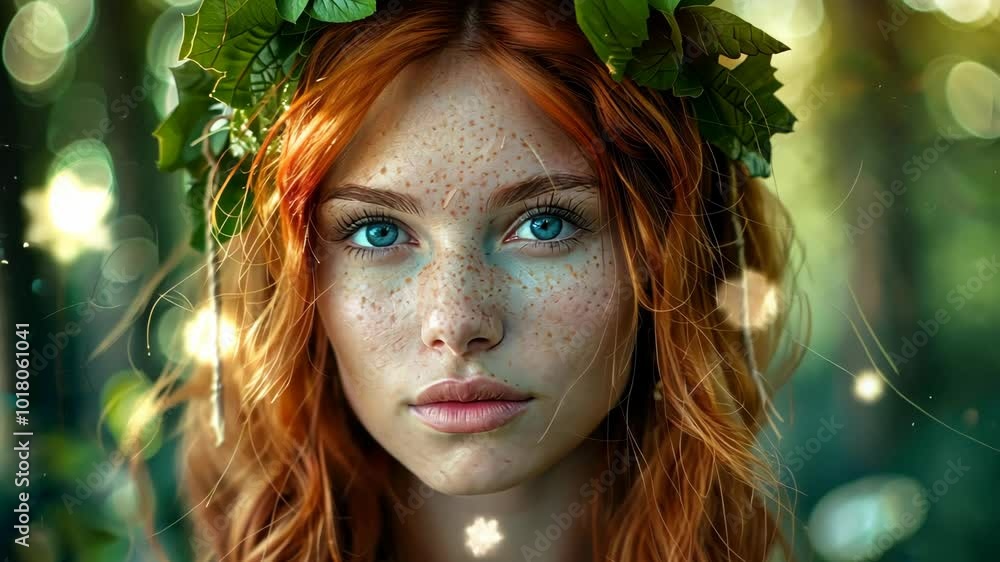 A young woman with red hair and blue eyes looks directly at the camera. She is wearing a crown of leaves and standing in a forest A young woman with red hair and blue eyes looks directly at the camera. She is wearing a crown of leaves and standing in a forest