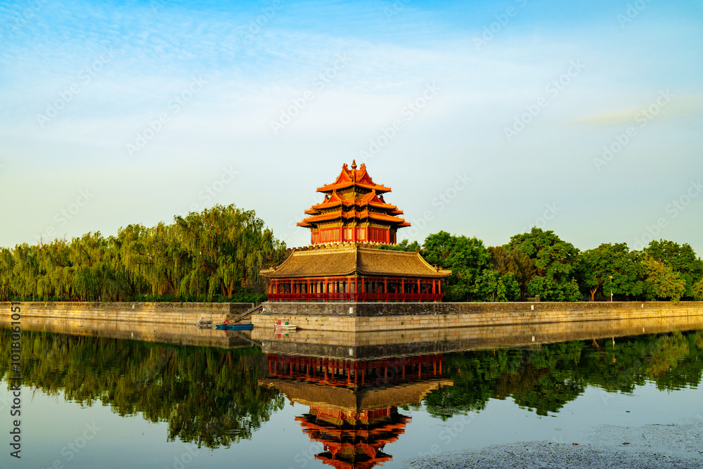 Magnificent view of Watch Tower and moat surface reflection in the Forbidden City, Beijing, China Magnificent view of Watch Tower and moat surface reflection in the Forbidden City, Beijing, China