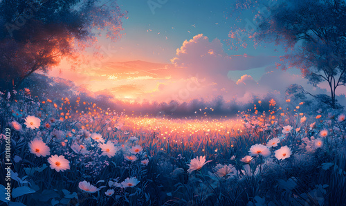 Dreamlike Landscapes and Mystical Gardens with Vibrant Flowers and Glowing Nature