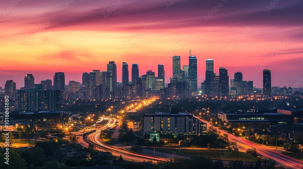 Stunning Glowing Web of a Modern Urban Skyline at Sunset, Showcasing a Mesmerizing View of Skyscrapers Illuminated Against a Vibrant Sky. The Skyline is Intertwined with a Network of Glimmering Lights Stunning Glowing Web of a Modern Urban Skyline at Sunset, Showcasing a Mesmerizing View of Skyscrapers Illuminated Against a Vibrant Sky. The Skyline is Intertwined with a Network of Glimmering Lights
