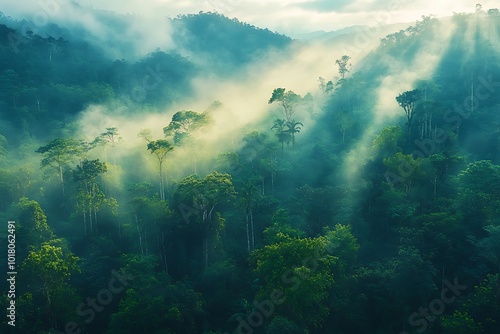 Misty Rainforest Landscape Photography - Sunlight Through Trees