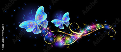 Flying blue butterflies with sparkle and blazing trail and glowing sparkle stars  in cosmic space. Animal protection day concept or birthday card.