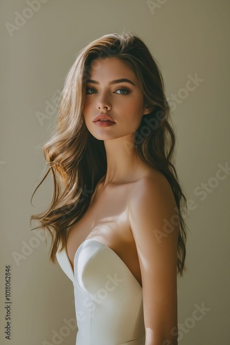 A woman in a white dress posing for a picture