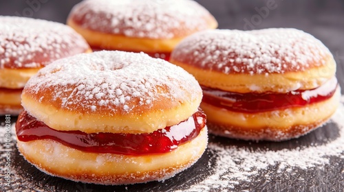 Closeup of delicious donut with jam filling topped with powdered sugar food photography