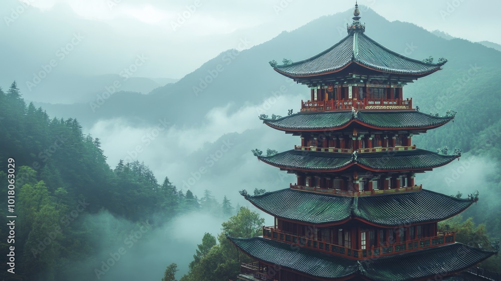 Serene Pagoda Amidst Misty Mountains Serene Pagoda Amidst Misty Mountains