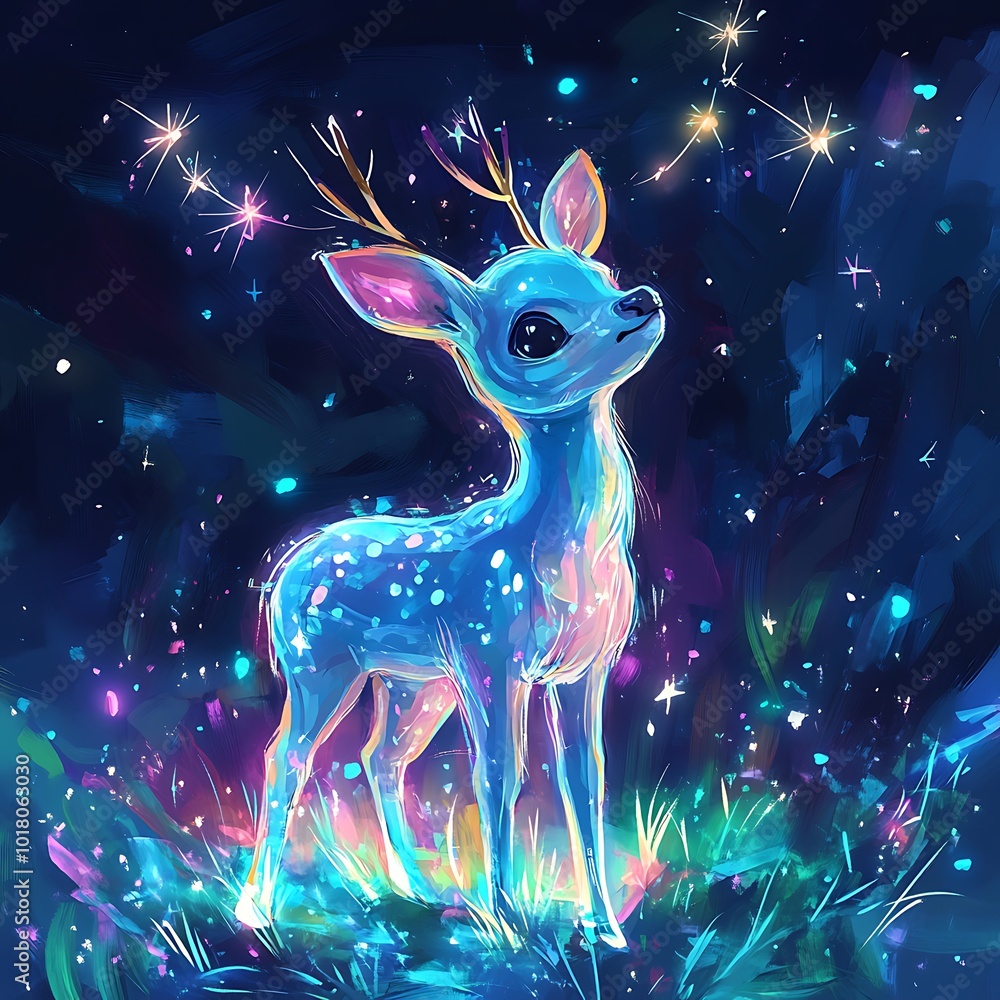 Dreamy glowing deer journeying through mystical forest at night Dreamy glowing deer journeying through mystical forest at night