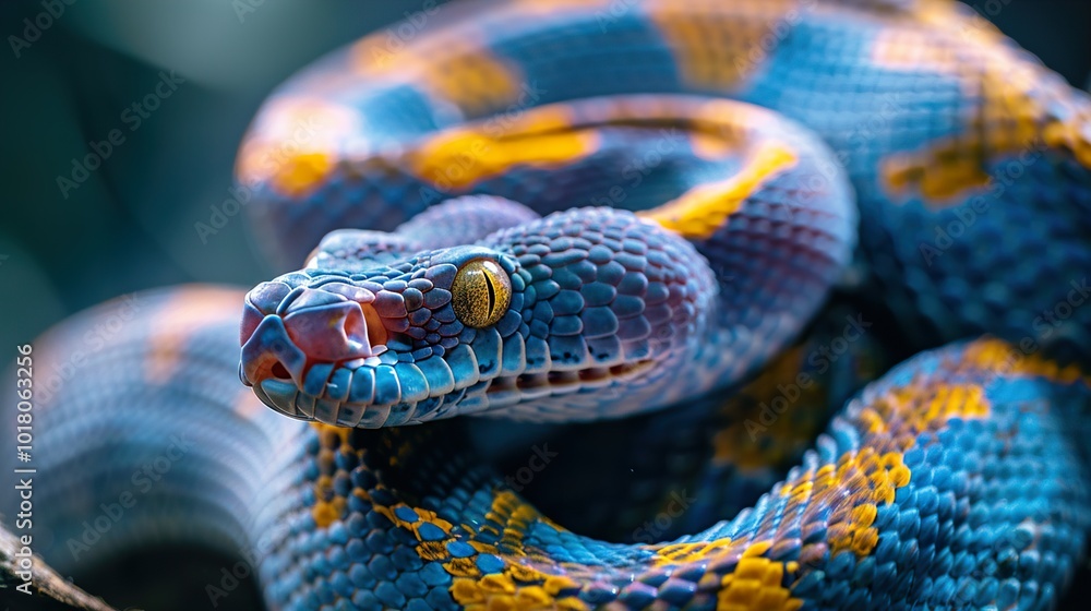 Blue and Yellow Snake Close Up: A Vibrant Reptile Blue and Yellow Snake Close Up: A Vibrant Reptile