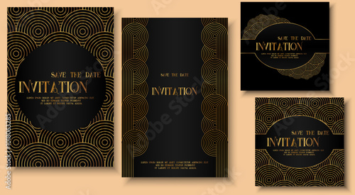 Luxury invitation, Elegant template, Card frame art deco flyer and square card set. Golden geometric gradient on dark background. Premium design for gala, grand opening, party invitation, layout.