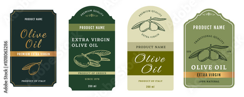 Set 3 of olive oil labels isolated on white background. Healthy vegetarian organic food. Vector Illustration. 
