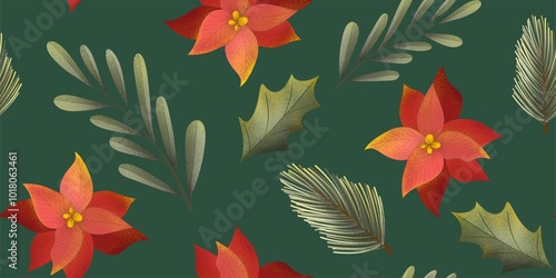 Christmas holidays flowers pattern branches new year. Hand-drawn background. Pattern seamless.