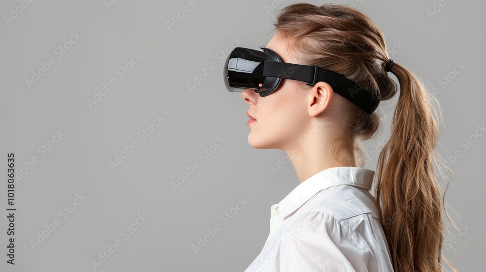 Young woman with blonde hair wearing VR headset copy space Young woman with blonde hair wearing VR headset copy space