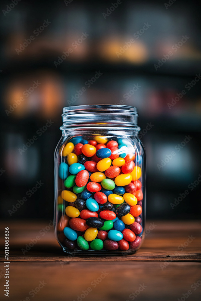 colorful candy jar on wooden table colorful candy jar on wooden table