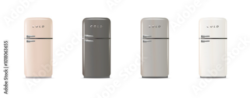 Modern fridges. Realistic coolers, refrigerators for home or restaurant kitchen and cold products storage. 3d Vector