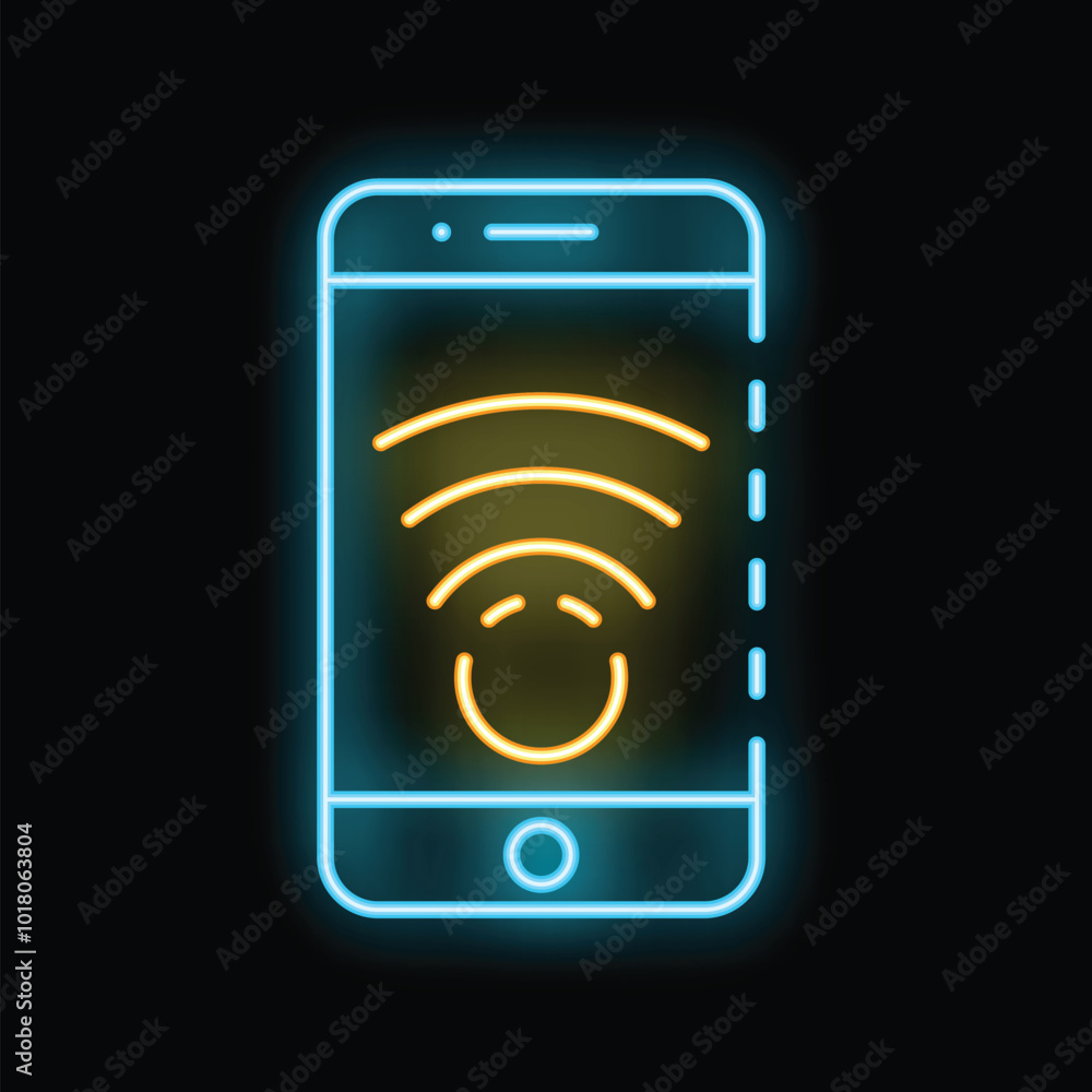 Neon glowing smartphone with wifi icon and happy emoji on screen Neon glowing smartphone with wifi icon and happy emoji on screen