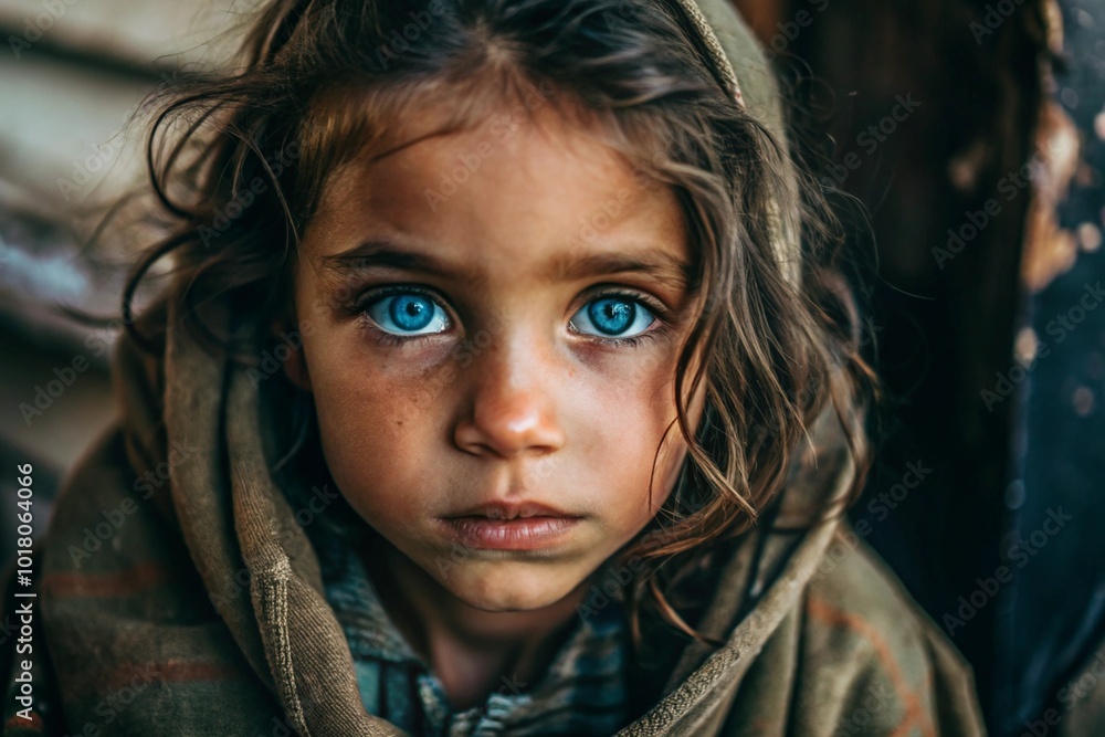 Hunger, poverty. Portrait of a beautiful dirty beggar girl with expressive blue eyes. A hungry, poor little kid is looking at the camera. Hunger, poverty. Portrait of a beautiful dirty beggar girl with expressive blue eyes. A hungry, poor little kid is looking at the camera.