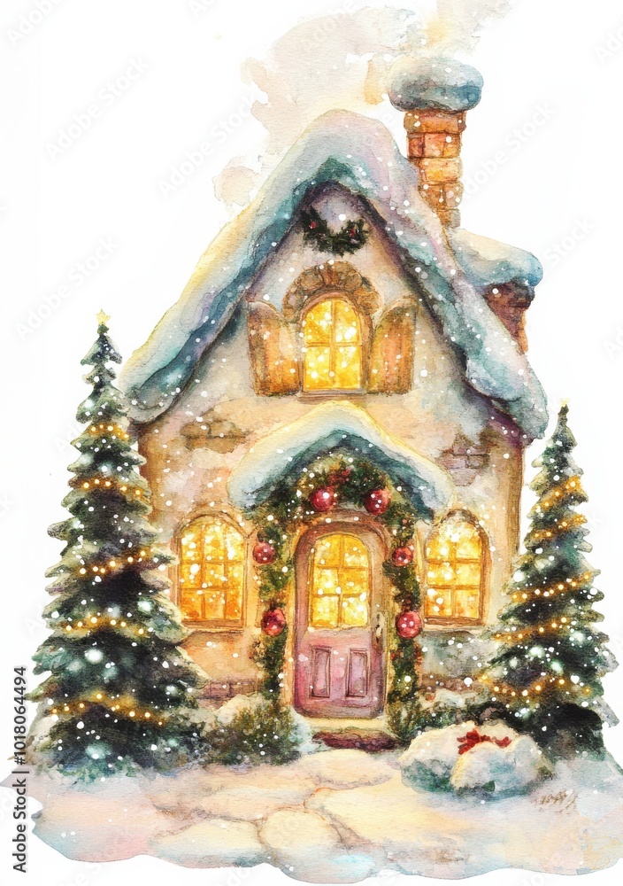 Fototapeta premium Cozy winter cottage decorated with lights and snowflakes during a snowy holiday season